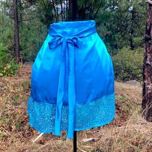 Bright blue satin fabric apron with lace ruffles extra long straps Octoberfest